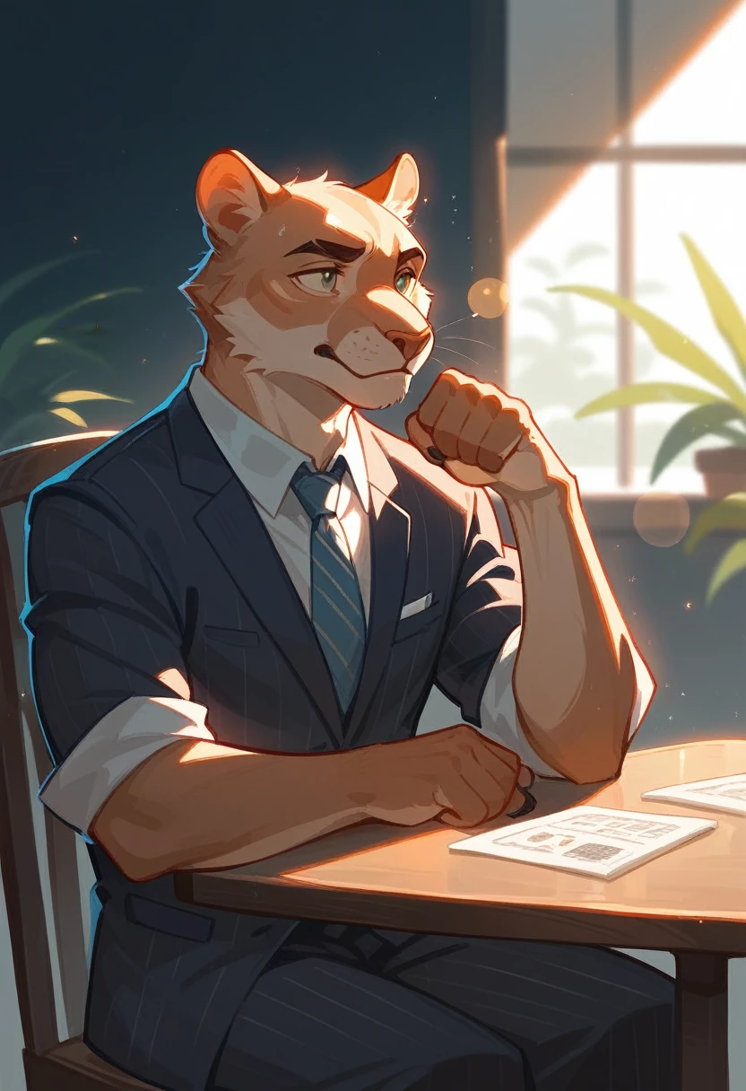 highres, top quality, best quality, paid reward available, High-quality illustrations, unparalleled masterpiece, salary man sitting on chair, fully posable, neutral pose, thinking pose(furry anthro)absurdres(highly detailed beautiful face and eyes)perfect anatomy, expression, caustics, dynamic lighting, lens flare, cinematic shadow, assorted poses, cinematic angle,