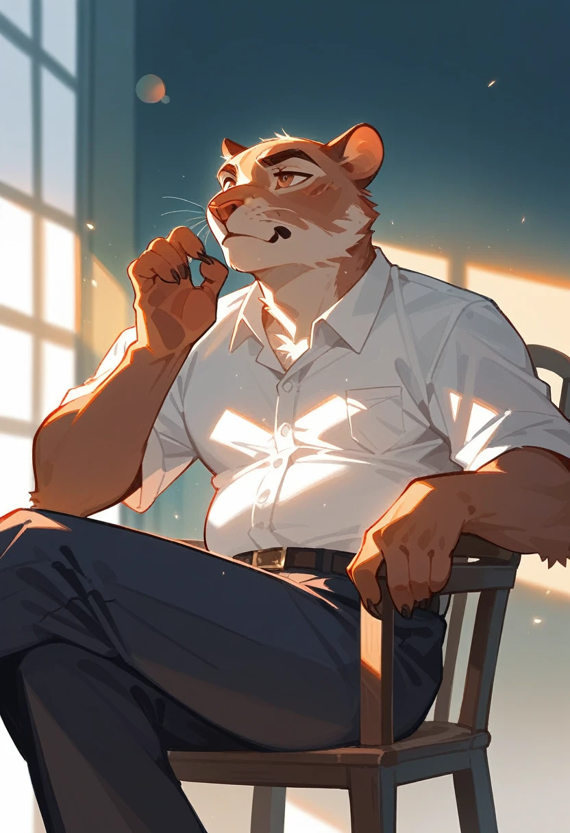 highres, top quality, best quality, paid reward available, High-quality illustrations, unparalleled masterpiece, salary man sitting on chair, fully posable, neutral pose, thinking pose(furry anthro)absurdres(highly detailed beautiful face and eyes)perfect anatomy, expression, caustics, dynamic lighting, lens flare, cinematic shadow, assorted poses, cinematic angle,