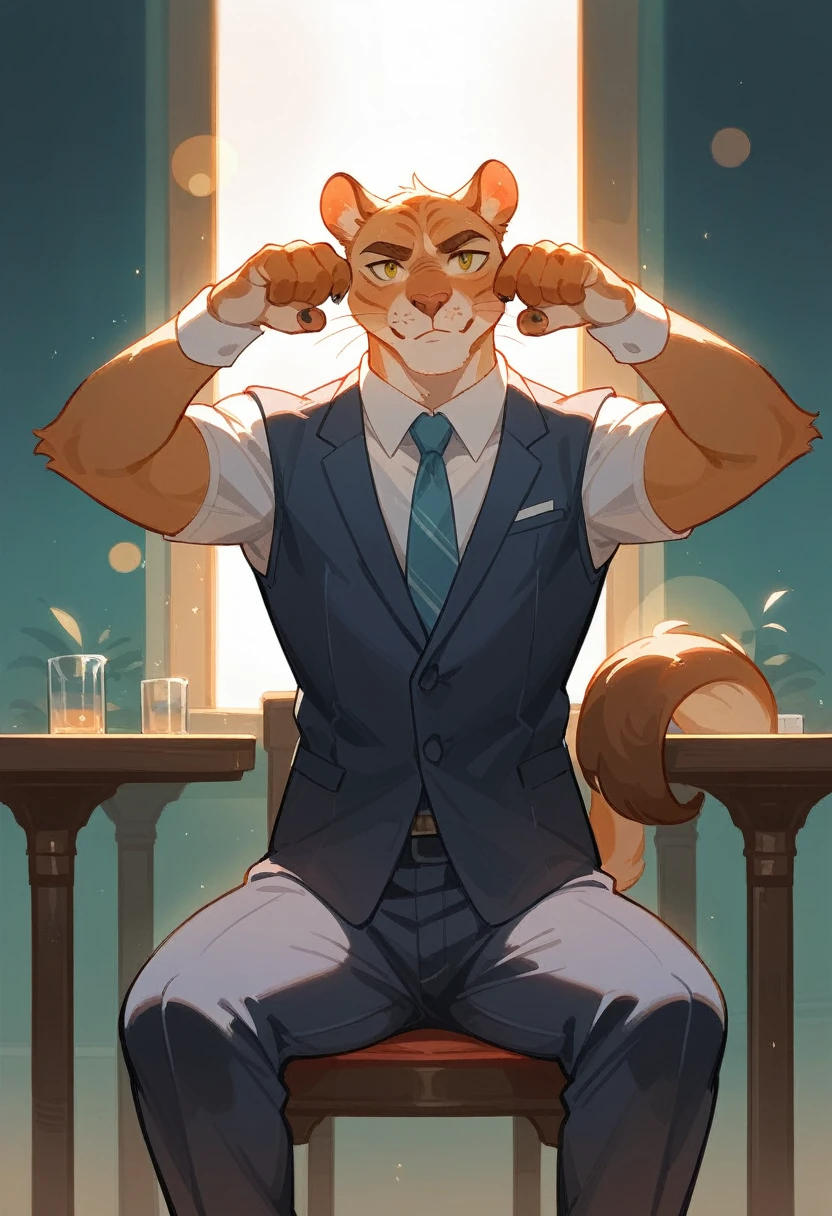 highres, top quality, best quality, paid reward available, High-quality illustrations, unparalleled masterpiece, salary man sitting on chair, fully posable, neutral pose, thinking pose(furry anthro)absurdres(highly detailed beautiful face and eyes)perfect anatomy, expression, caustics, dynamic lighting, lens flare, cinematic shadow, assorted poses, cinematic angle,