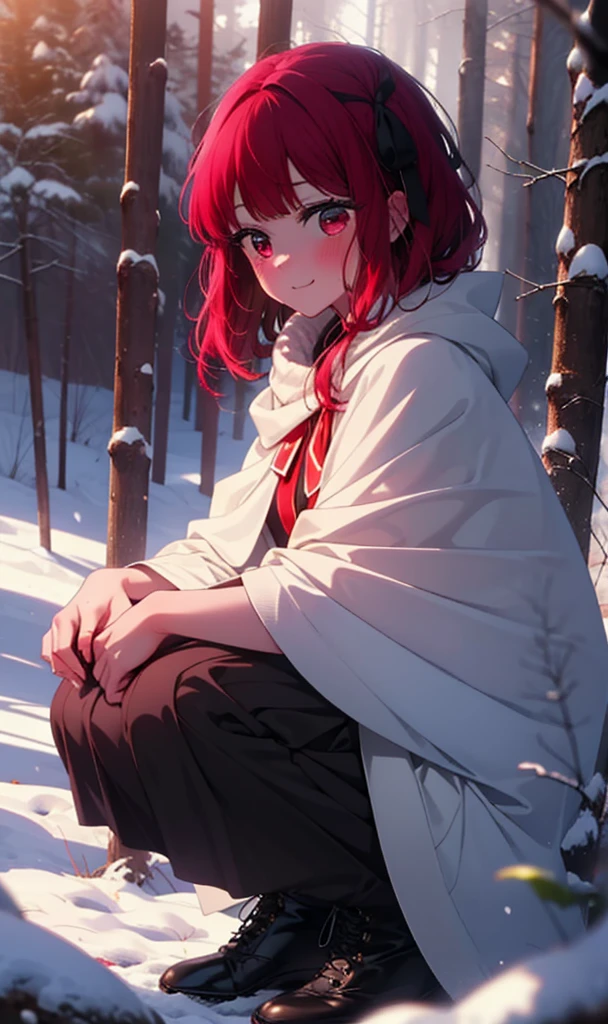 canary, Arima etc..., Long Hair,bangs, (Red eyes:1.3), Redhead, smile,Small breasts,ribbon,smile,blush,White Breath,
Open your mouth,snow,Ground bonfire, Outdoor, boots, snowing, From the side, wood, suitcase, Cape, Blurred, , forest, White handbag, nature, Squat, Mouth closed, Cape, winter, Written boundary depth, Black shoes, red Cape break looking at viewer, Upper Body, whole body, break Outdoor, forest, nature, break (masterpiece:1.2), Highest quality, High resolution, unity 8k wallpaper, (shape:0.8), (Beautiful and beautiful eyes:1.6), Highly detailed face, Perfect lighting, Highly detailed CG, (Perfect hands, Perfect Anatomy),