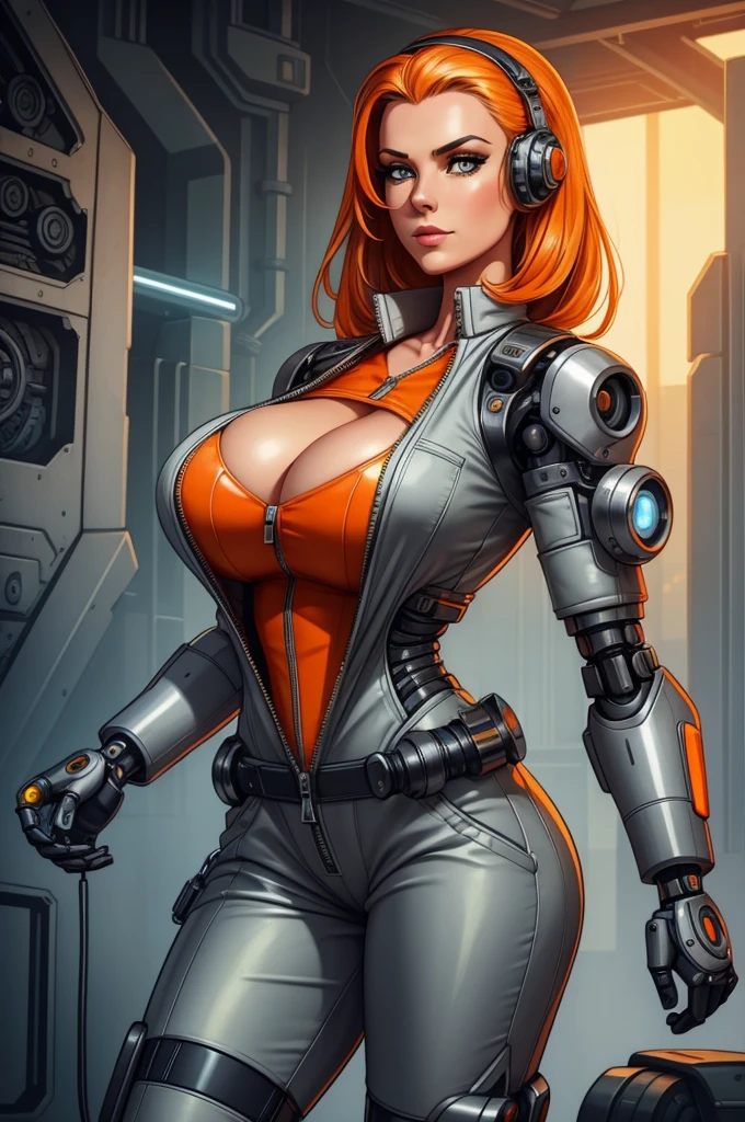 a beautiful Swedish woman, A gorgeous female mechanic in an atompunk style, with a blank background, wearing an unzipped orange jumpsuit revealing cleavage, featuring a mechanical hand and cybernetic augments, in a retro-futuristic setting with gunmetal grey tones,