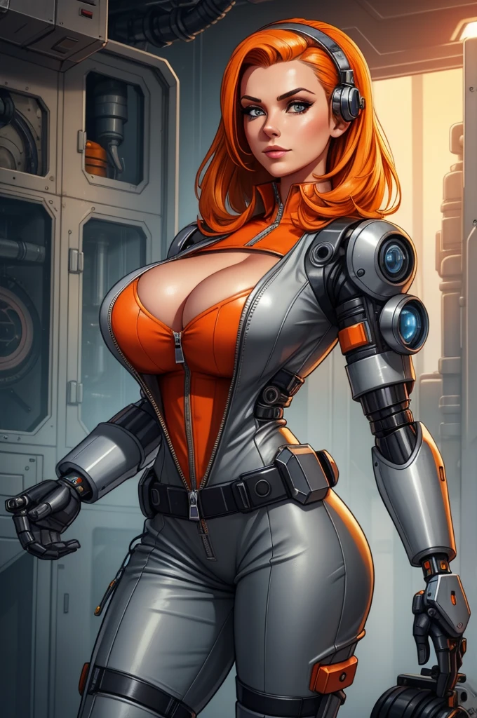 a beautiful Swedish woman, A gorgeous female mechanic in an atompunk style, with a blank background, wearing an unzipped orange jumpsuit revealing cleavage, featuring a mechanical hand and cybernetic augments, in a retro-futuristic setting with gunmetal grey tones,