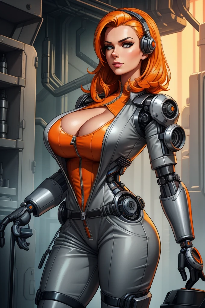 a beautiful Swedish woman, A gorgeous female mechanic in an atompunk style, with a blank background, wearing an unzipped orange jumpsuit revealing cleavage, featuring a mechanical hand and cybernetic augments, in a retro-futuristic setting with gunmetal grey tones,