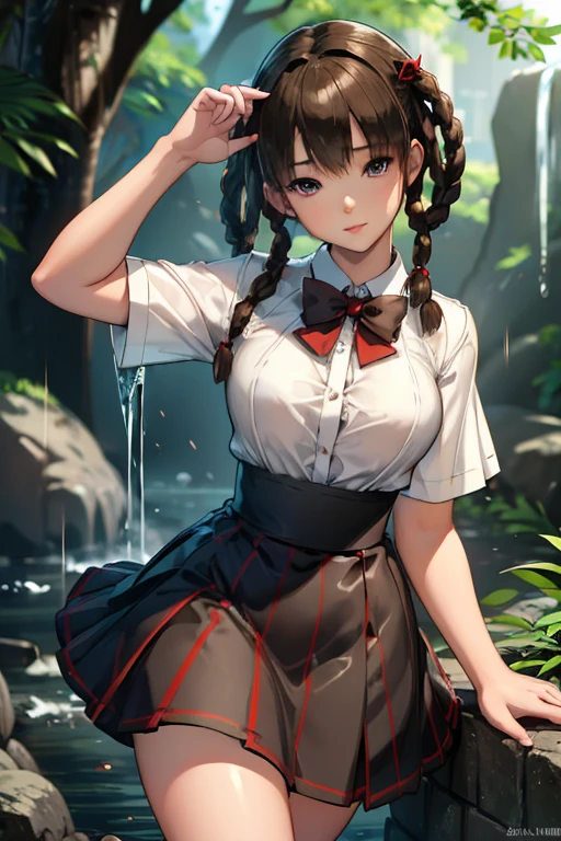 ((ultra detailed, masterpiece, absurdres)) DOALeiFang, 1girl, brown hair, brown eyes, twin braids, hair rings, portrait , steam , rain , plaid skirt , pleated skirt , Tight shirt , white Shirt , school girl , red bow , red knot ,