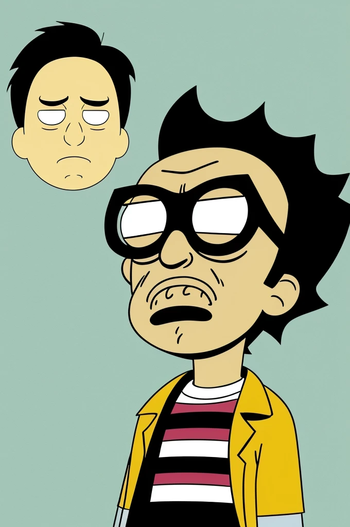 Draw me in the style of Rick and Morty, I am 20 years, I am a Mexican boy with glasses black hair, I am chubby and have short, straight hair and slightly slanted eyes.