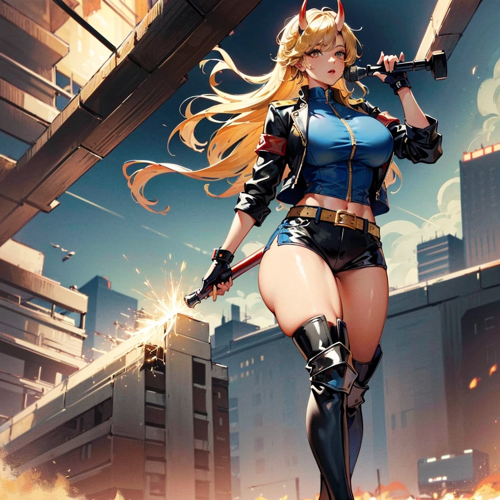 ((best quality)), ((masterpiece)), (detailed), 1girl, 8k_wallpaper, extremely detailed eyes, extremely detailed body, beautiful face, perfect face, detailed ((blonde hair)), (gold eyes), ((large big red and blue horns)), {{dark skin}}, ({dark skinned female}), gigantic breasts, thick thighs, strong arm and leg muscles, strong abdominal muscles, Monster women, Korean women, wearing a modern short black cloth jacket with rolled up sleeves, (wearing heavy gold colored steel cyberpunk armor), a wide red leather belt with blue steel yarn, steel boots, steel thigh guards, a military radio hangs on her belt, a biker girl, she rides on another planet along a lilac field against the backdrop of a blue desert and high red mountains,