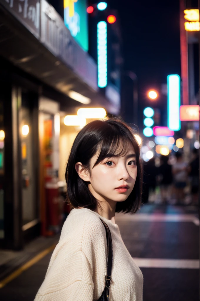 (Cinematic aesthetics:1.4) Bokeh city night photo of beautiful Korean fashion model