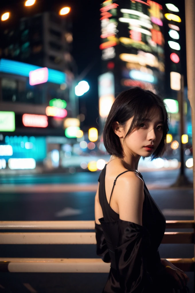 (Cinematic aesthetics:1.4) Bokeh city night photo of beautiful Korean fashion model