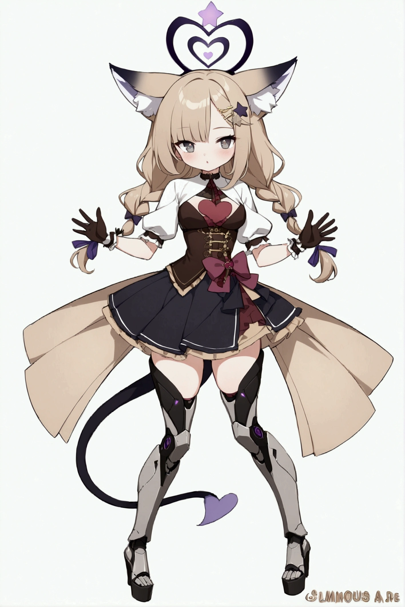 woman 170 cm tall. medium chest, wide hip, slim build, ((whole body)). (((character design sheet: front view))). (dark blonde hair, ((hip length wavy hair, asymmetrical bangs, star hairpin)), (She has a short braid tied with an elegant purple ribbon on the left side of her hair above her chest). (She has a short braid tied with an elegant purple ribbon on the right side of her hair above her chest). She has small hair ties in the back of her hair..). ((Gray eyes with a pink 4-pointed star in the pupil)). (Two black and purple fox ears located on the top of the head). (Luminous black halo with purple star patterns above his head). He has a black collar with a heart emblem on his neck.. (Elegant long one piece dress, thigh-length lace and ruffle skirt, ribbon decorations and star patterns on the dress). black gloves, Black platform heels. gray belt at the waist with a large ribbon with a luminous pink heart in the middle. ((It has a succubus tail that ends in the shape of a heart.)). (((It has complex mechanical legs that reach up to the thighs and are black with small purple details..))). beautiful detailed hair, beautiful detailed dress. extremely detailed arms. extremely detailed face, small face, Beautiful detailed eyes, beautiful detailed lips. adorable. extremely detailed legs. (Best Quality, 4k, high resolution), ultra detailed, Exquisite and epic character art, ((White background)). (Focus on symmetry).