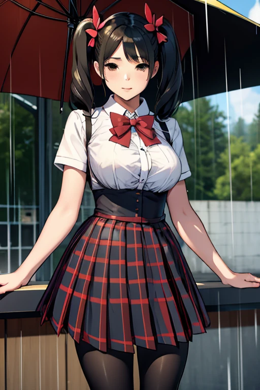 LingX,black hair,twintails,brown eyes,hair ornament, pantyhose (insanely detailed, masterpiece, best quality),solo, steam , rain , plaid skirt , pleated skirt , Tight shirt , white Shirt , school girl , red bow , red knot ,