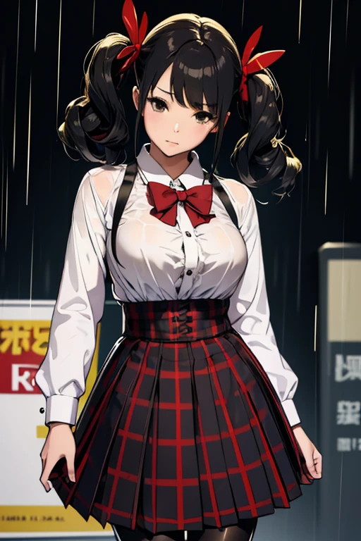 LingX,black hair,twintails,brown eyes,hair ornament, pantyhose (insanely detailed, masterpiece, best quality),solo, steam , rain , plaid skirt , pleated skirt , Tight shirt , white Shirt , school girl , red bow , red knot ,