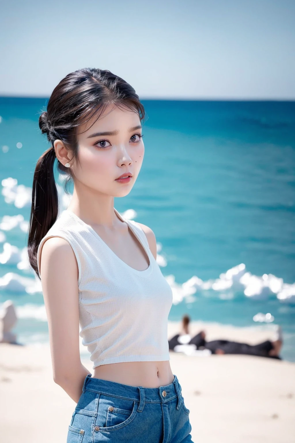 (Best quality, 8k, 32k, Masterpiece, UHD:1.2), 1girl, beautiy Japanese woman, a woman in denim shorts posing on the beach at sunset, long hair, Lee Ji Eun, hot with shining sun, casual pose, lee ji-eun, lee ji - eun, gorgeous young korean woman, korean girl, beautiful young korean woman, korean women's fashion model, sakimichan, IU