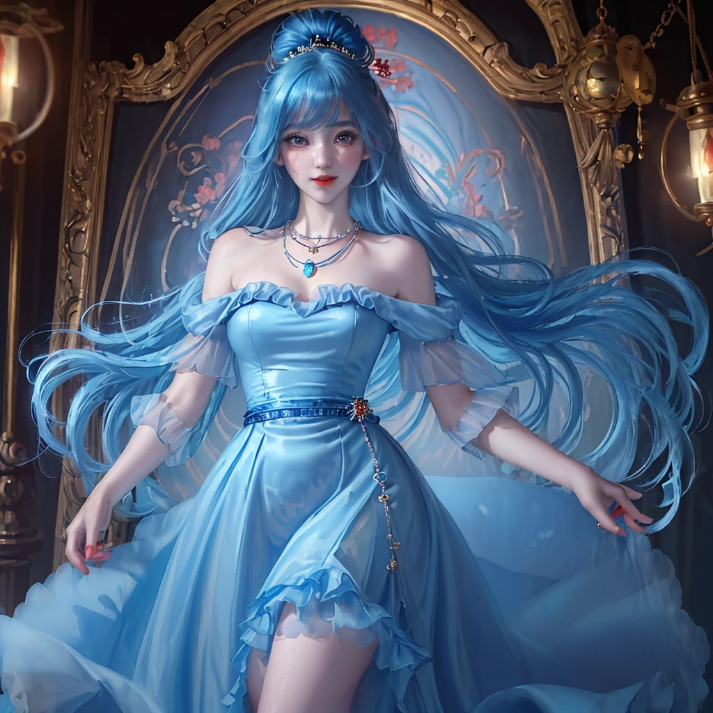 ((Top quality、8K、masterpiece:1.3))、Very charming girl，Blue Hair，Round Face，big eyes，Long eyelashes，Small red nose，Smiling arc mouth，Wearing a bell necklace，Wear a dress with bells and pockets，Light blue hair，Long flowing hair。full-body shot，The camera focuses on the bell necklace and clothing details，Bright Light，