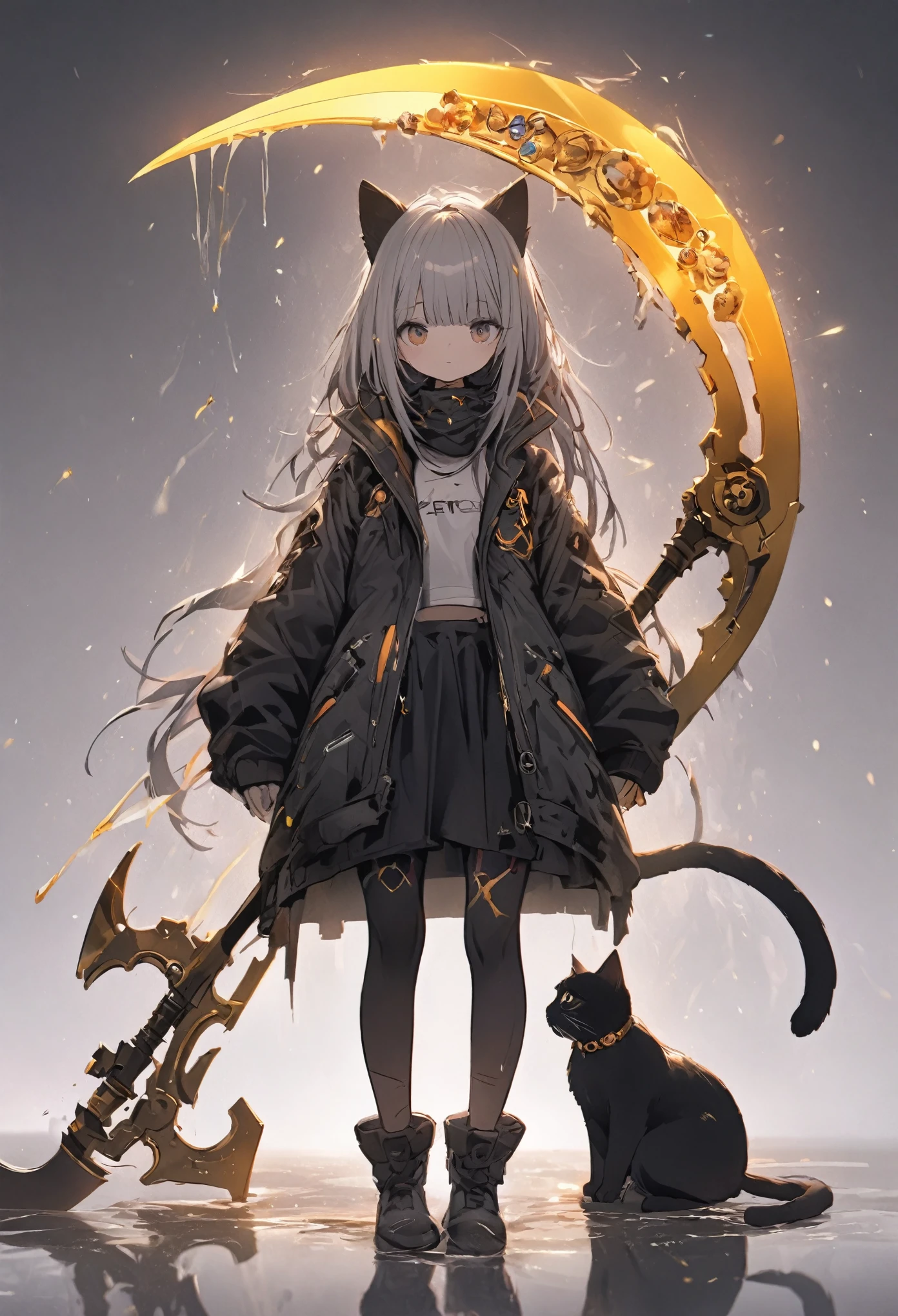 Detailed silhouette of a cyberpunk girl with cat ears and a tail, Flowing, Tattered coat, He has a giant golden scythe with a design that is filled with mechanical gems., Stand on the glossy, Minimalist reflective surface, Soft Gray Background.