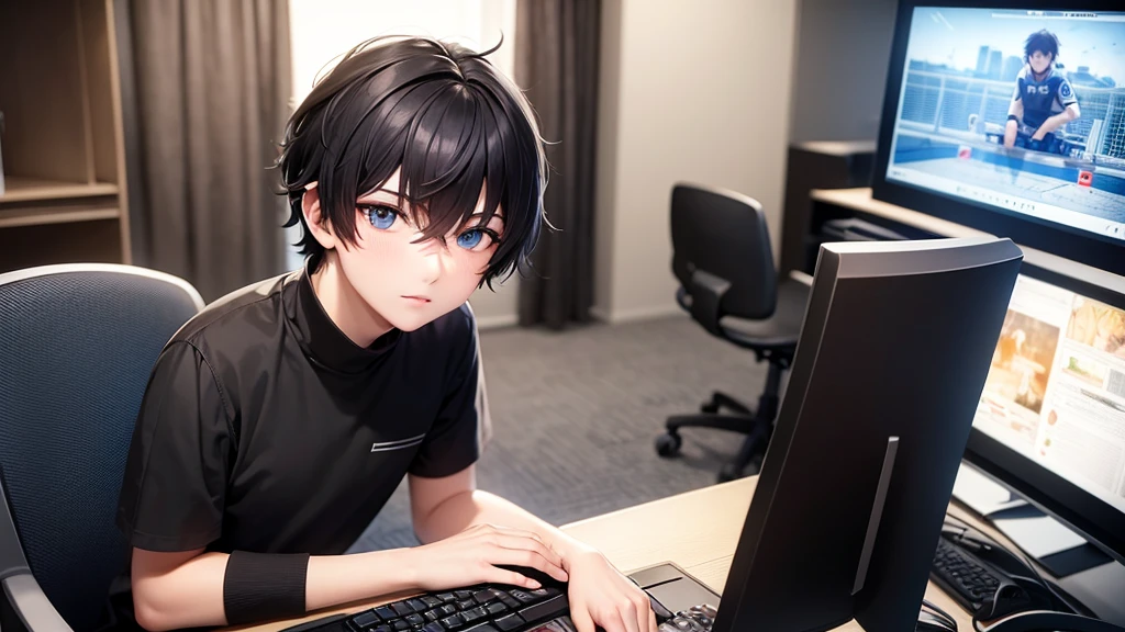 best qualityer: 1.0), (Super high resolution: 1.0), Boy Anime, short black hair, blue colored eyes, sitting in front of the computer playing, background in the esports room,