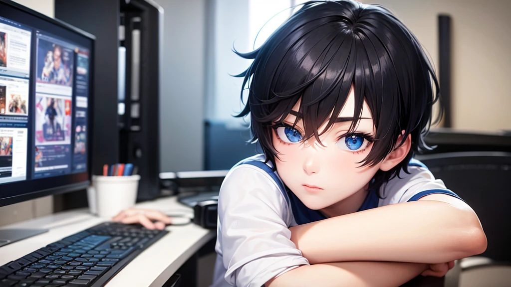 best qualityer: 1.0), (Super high resolution: 1.0), Boy Anime, short black hair, blue colored eyes, sitting in front of the computer playing, background in the esports room,