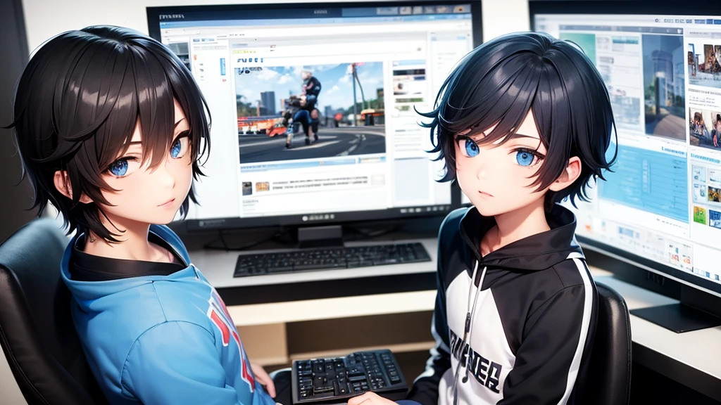 best qualityer: 1.0), (Super high resolution: 1.0), Boy Anime, short black hair, blue colored eyes, sitting in front of the computer playing, background in the esports room,