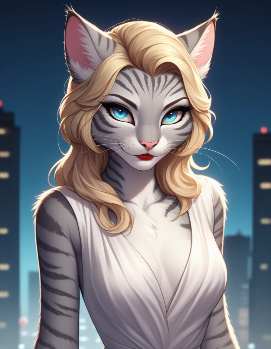 score_9,score_8_up,score_7_up, Kat, Anthro furry feline, silver fur, grey stripes on body, blue eyes, blonde hair, hair styled like Marylin Monroe, pink nose, :3,, wearing Marylin Monroe’s white dress, red lipstick, white dress, black heels, seductive pose, in a 1940s city, standing