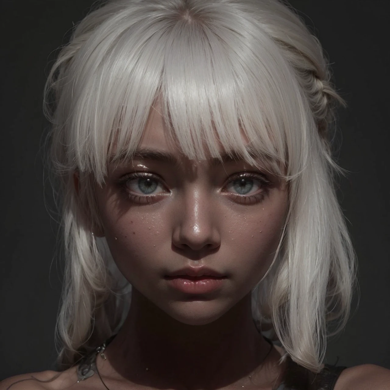 girl looking at the camera, white spaghetti straps top