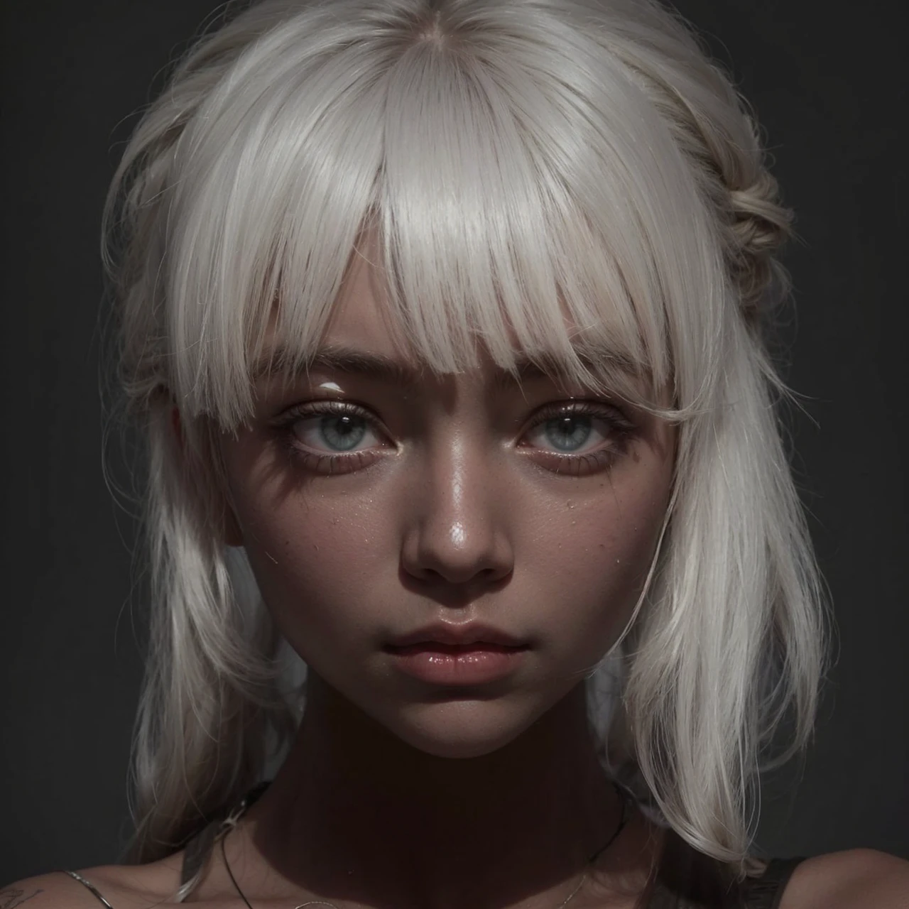girl looking at the camera, white spaghetti straps top