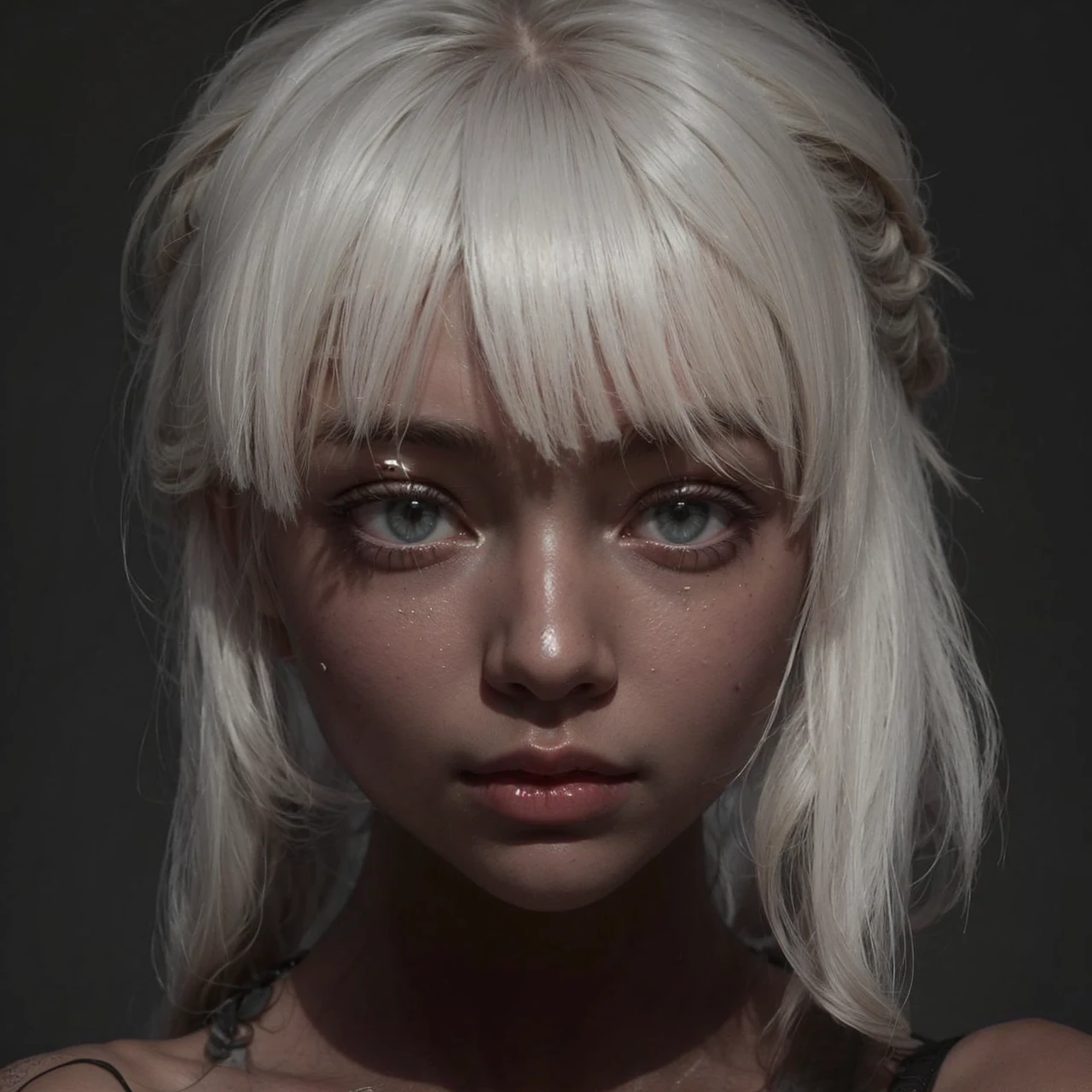 girl looking at the camera, white spaghetti straps top