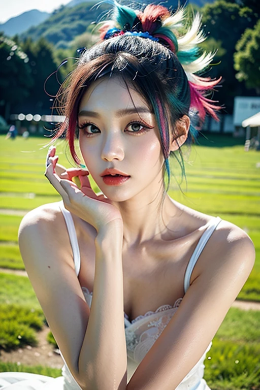 gorgeous korean woman,photorrealistic, white gown,work of art, appealing, ssmile, punk hair, Punk Girl, pose rock, brightly dyed hair, heavy make-up, eyeliner, Gothic, background of a green field
