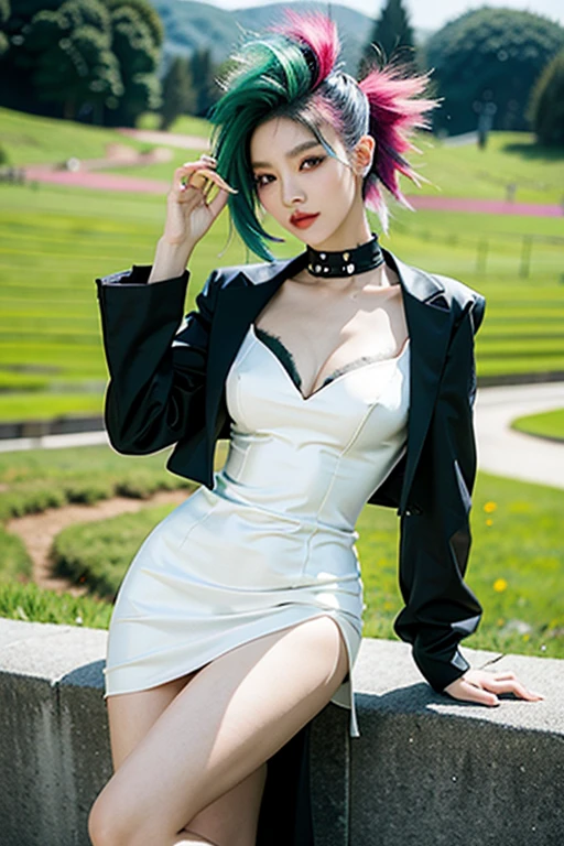 gorgeous korean woman,photorrealistic, white gown,work of art,  appealing,  ssmile, punk hair, Punk Girl, pose rock, brightly dyed hair, heavy make-up, eyeliner, Gothic, background of a green field 