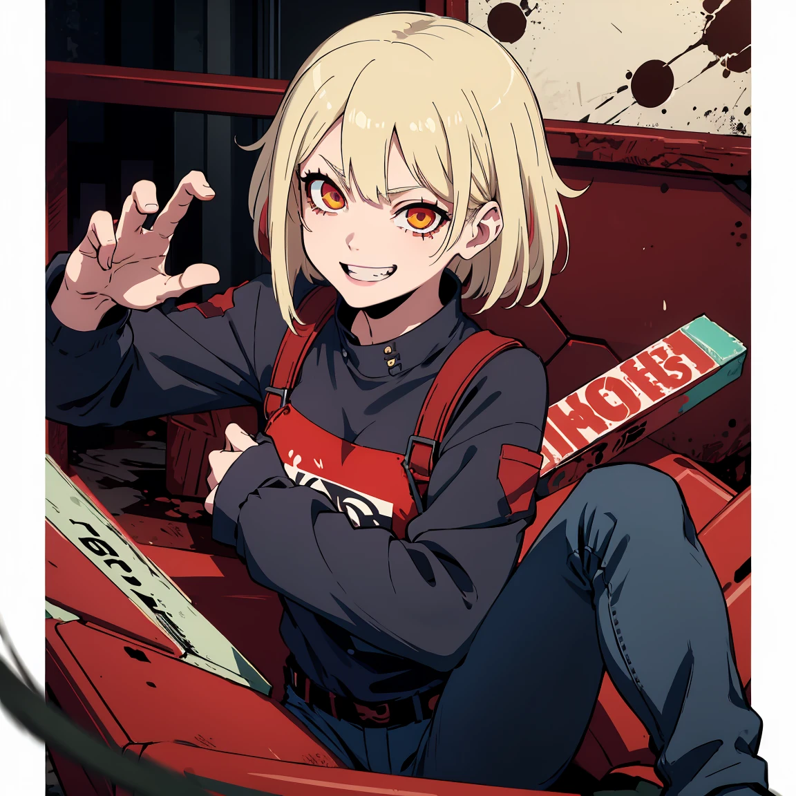 Anime girl, Short blonde hair with red highlights, Pointed teeth, macabre smile, black shirt with print, Jeans, personalized machine gun, white wall, Graffiti, Yellow and red green paint.