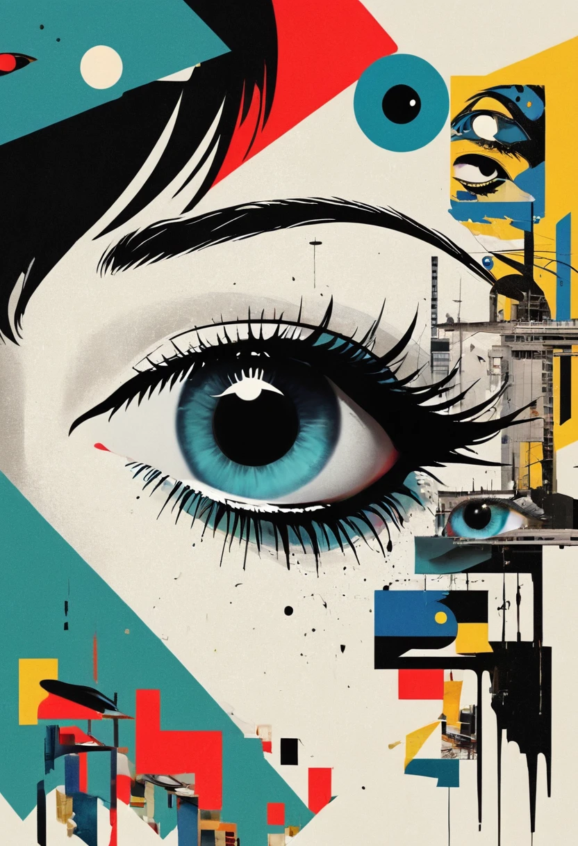 montage,dadaist,Eye,Deconstruction，Eye上的建筑，Minimalism，graphic design，Vector，poster design