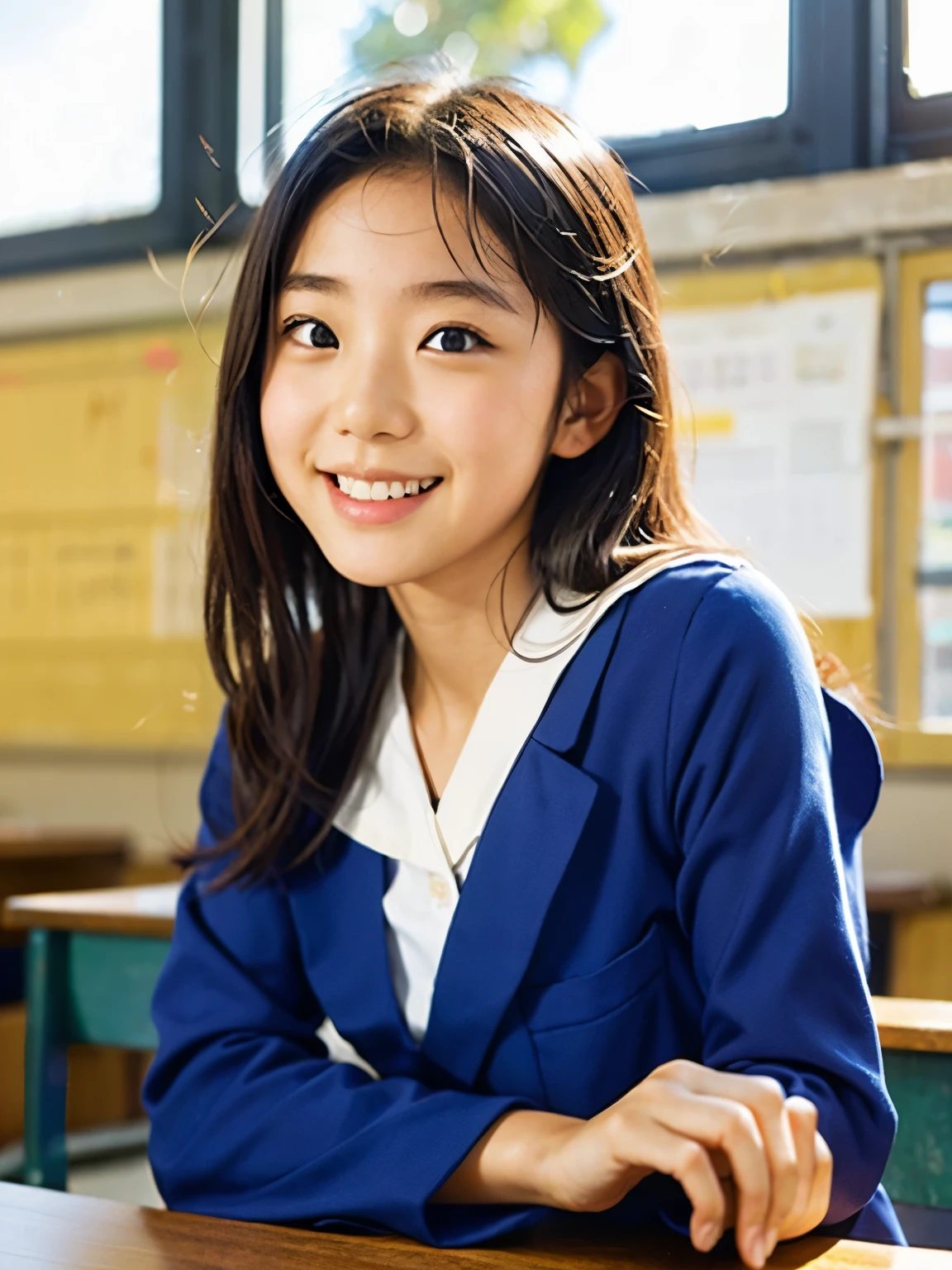 lens: 135mm f1.8, (Highest quality),(RAW Photos), (Tabletop:1.1), (Beautiful 12 year old Japanese girl), Cute face, (Deeply chiseled face:0.7), (freckles:0.4), Dappled sunlight, Dramatic lighting, Navy blue sailor suit, Long sleeve, (In the classroom), shy, (Close-up shot:1.2), smile
