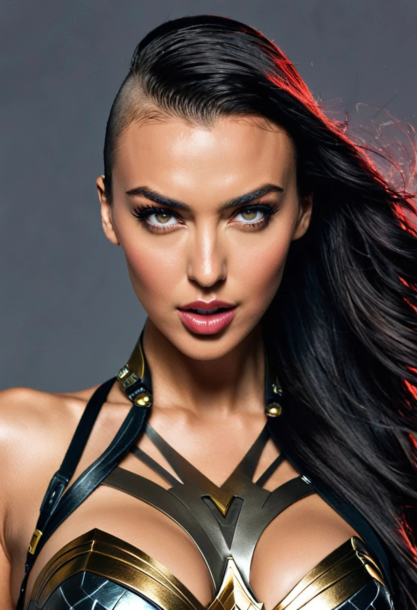 (((In extreme close-up, a cyber punk woman Irina Shayk under the mantle of the Amazon warrior (((a part of his head shaved))) Wonder Woman Diaema Cyber Punk front images color images Splash Wonder Woman Diaema Wonder Woman Cyber Punk))),(((a part of his head shaved))),(((Diaema Wonder Woman))),(((shaved))),(((black hair))),(((Diaema Led Wonder Woman))),(((Diaema Led Wonder Woman))),(((shaved))),(((tiara))), Diaema Wonder Woman))),(((tiara))),(((Front images)))