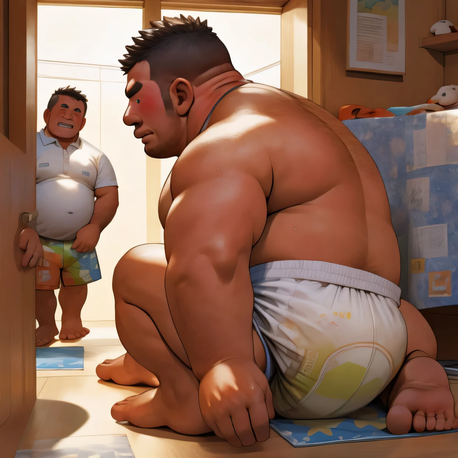 masterpiece, Top quality, in 32K, perfect anatomy, hyper detailed, super fine illustration, The thick man is a brutal prisoner, retarded, hairy human, 50yo in Japan, (fatness: 1.0), Fatty muscle, Bowleg, disappointment, incontinent, shy, sissy, Weaker than children, Drool, Round face, be diaper check by children, waddle, There is a small puddle under him, incontinent, Naked, short legs, Bowleg, spread legs, wear a White cloth Diaper, Bare belly, Bare legs, Bare foots, Bare soles, Shirtless, wide forehead and short thinning hair, Man with round face with stubble, Bare foots, Bare soles, He enters nursery school and is despised by children, He surrounded by children, His bottom is wet, Bare foots, big butt, he is scolded by the children, White Diaper, He surrounded by children, sobbing, wear a White cloth Diaper, shirtless, There is a small puddle under him, He enters nursery school and is despised by children, big butt, sobbing, He crawling to go to children, on all fours, side view