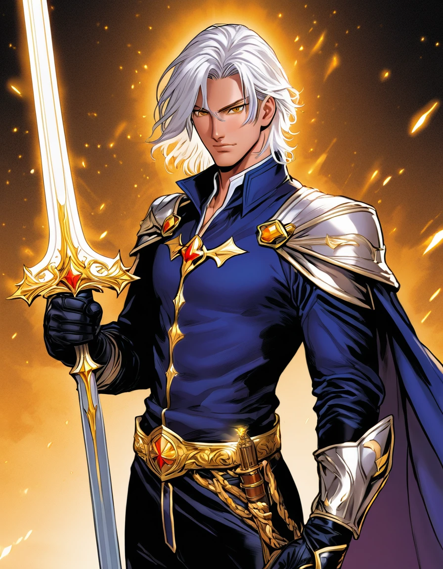 hq-style, comic book style, make a character similar to Reinhard Van Astrea from Re: NULL, only he has white hair and shining golden eyes, has a royal outfit and uses a sword at the waist of one hand (IT&#39;S ON THE WAIST, NOT IN HAND), has short hair and is a teenager, make the character&#39;s entire body