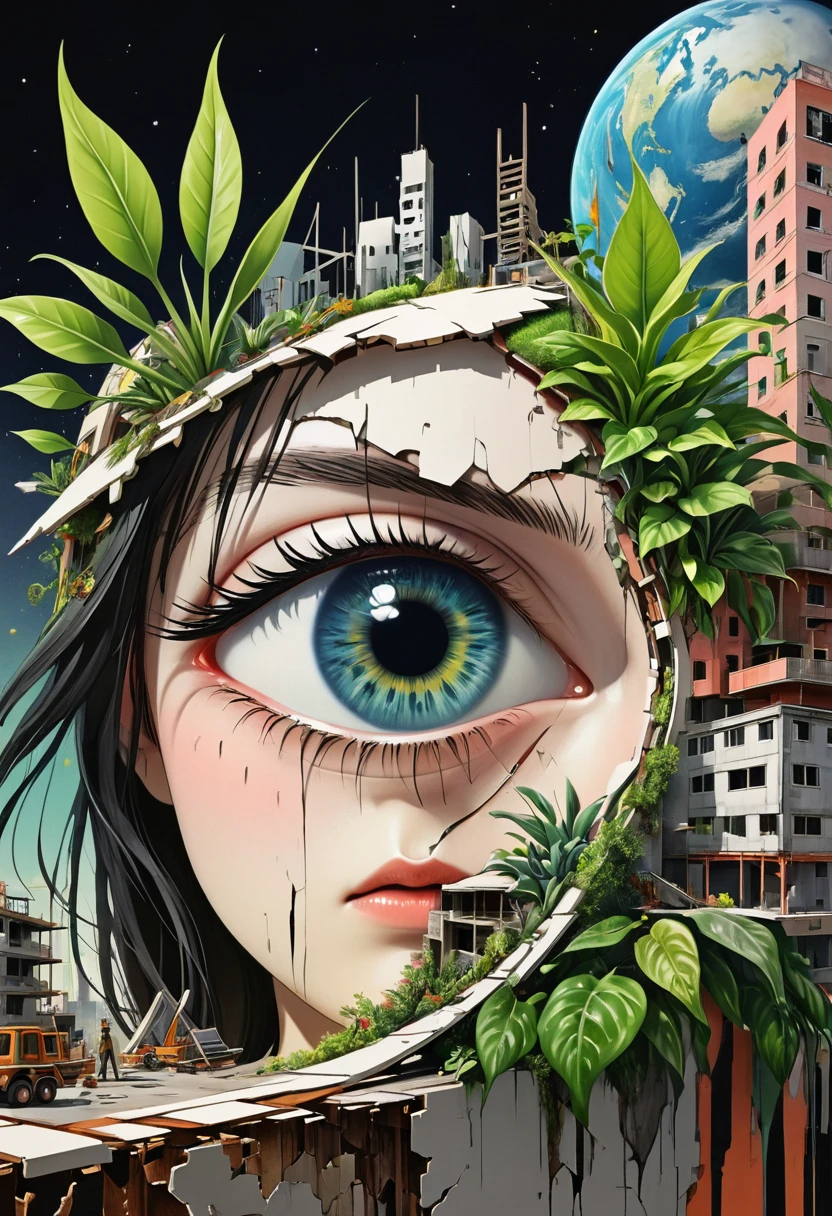 dadaist,Eye,Distorted faces,Deconstruction,Eye上的建筑,plant,Splicing,3D space