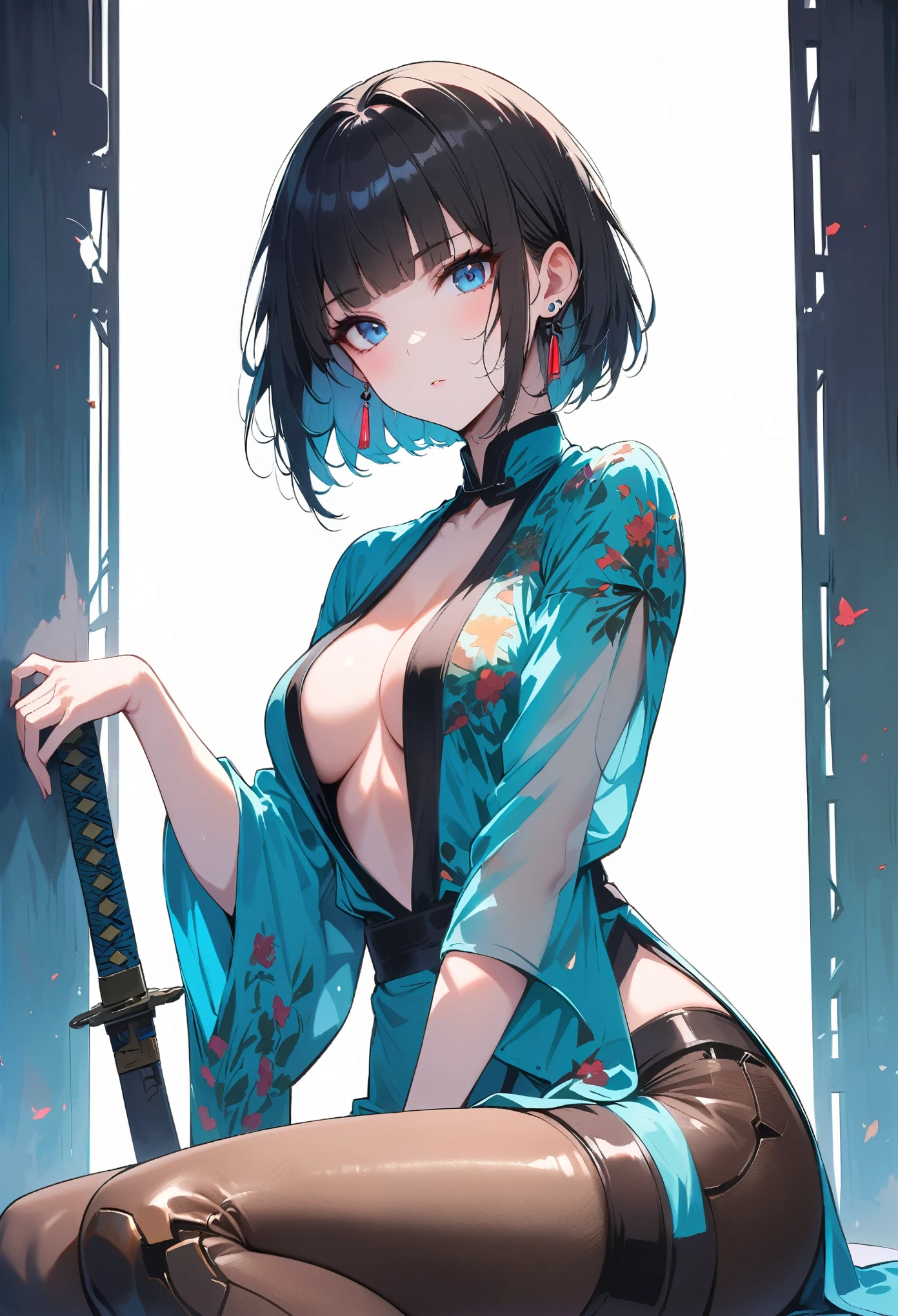 In a dimly lit, smoky cyberpunk club, a femme fatale cyborg sits solo, her mechanical joints gleaming in the flickering light. Her striking features, framed by short hair and bangs, are adorned with jewelry and a black choker. she pets a snake that gazes directly at the viewer. She wears a revealing seethrough kimono, paired with Japanese-style earrings, and holds a katana surrounded by the dark, gritty atmosphere. Her gaze is sultry, exuding an air of sexy sophistication, as if inviting the viewer to enter her world. The scene is set in a Conrad Roset-inspired style, with a focus on dark, muted tones and industrial textures.,core_9,scary, (masterpiece:1.2),ct-virtual,dcas_lora