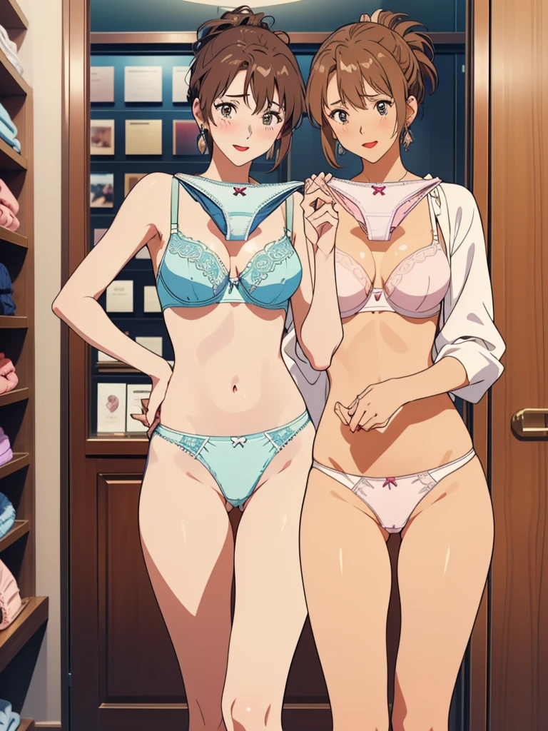 masterpiece, top quality, ultra detailed, ((((AIKA_SUMERAGI, folded ponytail, best anatomy, in underwear, (panties, elaborately designed luxury panties for adults, panties high definition images, draw panties with super precision), lace trimmed bra, extremely detailed texture, earrings, red lip, embarrassed, blush, smile)))), cowboy shot, (((underwear in dressing room))), white skin, (presenting panties), (display panties:1.5),holding panties with both hands