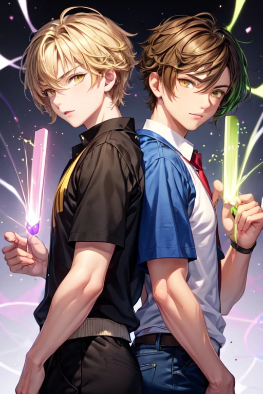 Two masculine men, one is 30 years old,is high, has green hair and yellow eyes and the other is 25 years old, has light brown hair and yellow eyes, both are wearing school clothes, lilac background and telekinesis powers
