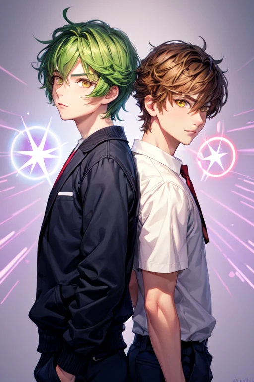 Two masculine men, one is 30 years old,is high, has green hair and yellow eyes and the other is 25 years old, has light brown hair and yellow eyes, both are wearing school clothes, lilac background and telekinesis powers