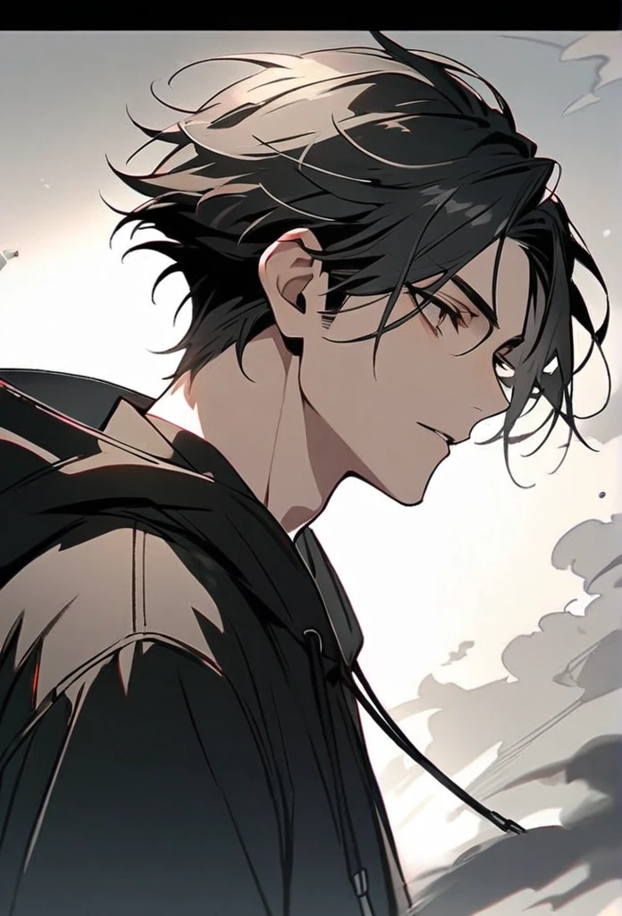 Handsome, solo, 1 male, short hair, black hair with smoke gray hair tips, brown eyes, black shirt, black and white hooded