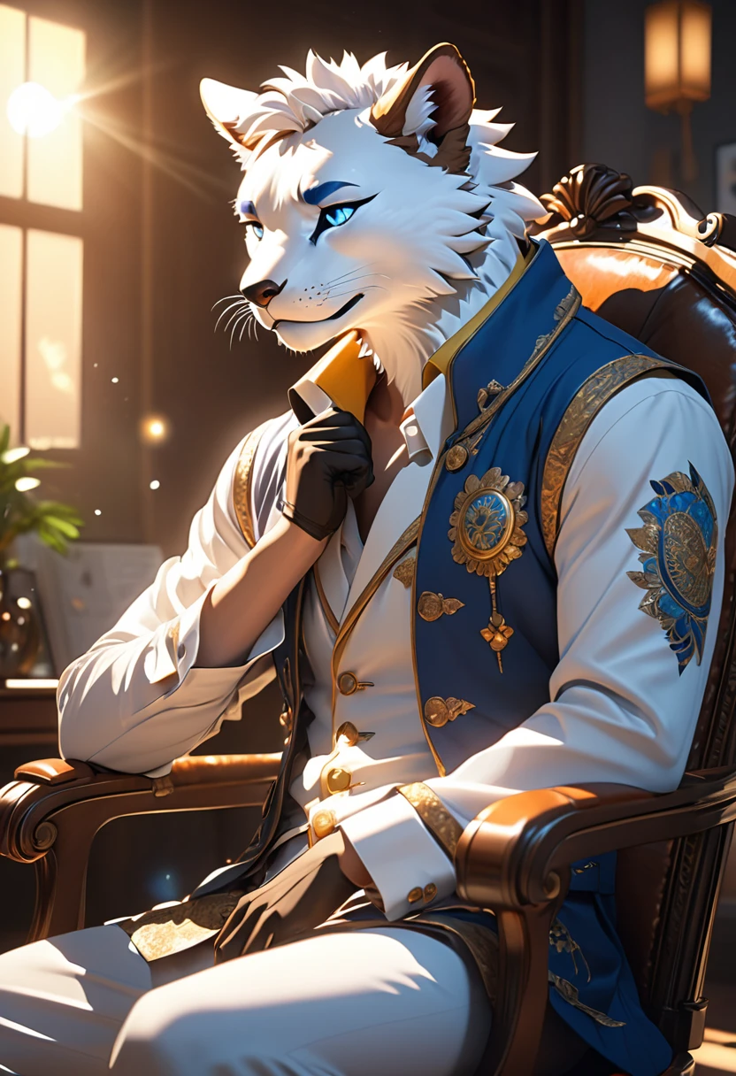 highres, top quality, best quality, paid reward available, High-quality illustrations, unparalleled masterpiece, salary man sitting on chair, fully posable, neutral pose, thinking pose(furry anthro)absurdres(highly detailed beautiful face and eyes)perfect anatomy, expression, caustics, dynamic lighting, lens flare, cinematic shadow, assorted poses, cinematic angle,