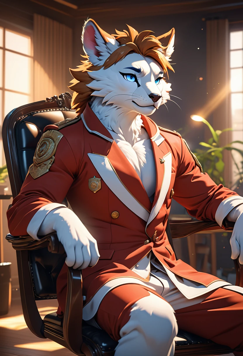 highres, top quality, best quality, paid reward available, High-quality illustrations, unparalleled masterpiece, salary man sitting on chair, fully posable, neutral pose, thinking pose(furry anthro)absurdres(highly detailed beautiful face and eyes)perfect anatomy, expression, caustics, dynamic lighting, lens flare, cinematic shadow, assorted poses, cinematic angle,