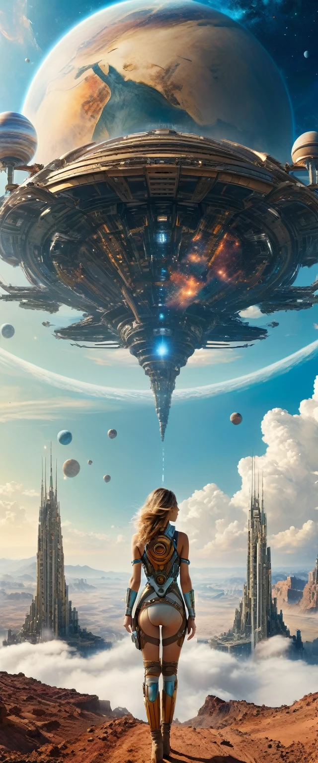 Highest quality,(masterpiece:1.2),Ultra-high resolution,Raw color photography,8K,Vast landscape photography,Realistic photos,Elaborate photos,A woman living on a machine planet,,(From the back:1.5),(From below:1.2,A woman on a planet of machines,A vast building spreads out before your eyes,city of machines,The sky is a vast universe,blue sky),Written boundary depth,Wide Light,Low contrast,Backlight,Sharp focus,Vibrant colors,Dynamic configuration