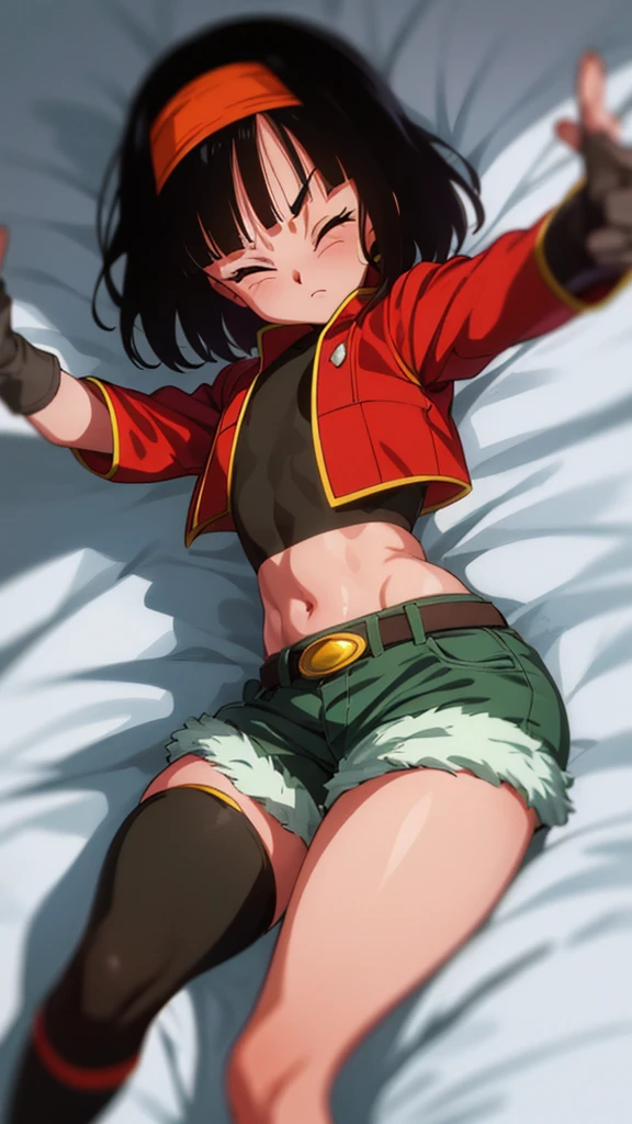 ((Pan xeno))  10 years, Granddaughter of Goku,  , short hair, bangs, black hair  , gloves, navel, jacket, hairband, open clothes, black gloves, black Tight midriff, green Tight  shorts, Soft fabrics in the  both sides, red jacket, cropped jacket, orange hairband, closed eyes, sleeping , decubitus supine,  lying in the Bed With his arms outstretched arms open, legs open Separated front to front Hot sexy image 1990s by akira toriyama, Anime dragón Ball z 