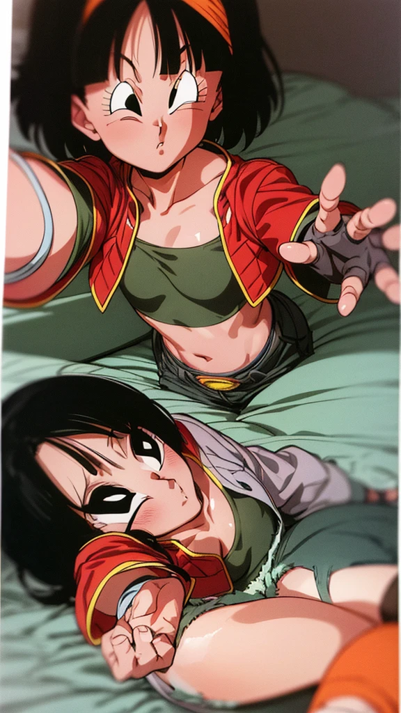 ((Pan xeno))   years, Granddaughter of Goku,  , short hair, bangs, black hair  , gloves, navel, jacket, hairband, open clothes, black gloves, black Tight midriff, green Tight  shorts, Soft fabrics in the  both sides, red jacket, cropped jacket, orange hairband, closed eyes, sleeping , decubitus supine,  lying in the Bed With his arms outstretched arms open, legs open Separated front to front Hot sexy image 1990s by akira toriyama, Anime dragón Ball z 