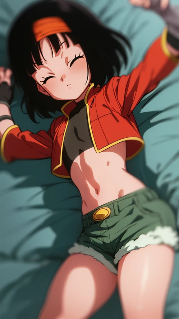 ((Pan xeno))   years, Granddaughter of Goku,  , short hair, bangs, black hair  , gloves, navel, jacket, hairband, open clothes, black gloves, black Tight midriff, green Tight  shorts, Soft fabrics in the  both sides, red jacket, cropped jacket, orange hairband, closed eyes, sleeping , decubitus supine,  lying in the Bed With his arms outstretched arms open, legs open Separated front to front Hot sexy image 1990s by akira toriyama, Anime dragón Ball z 