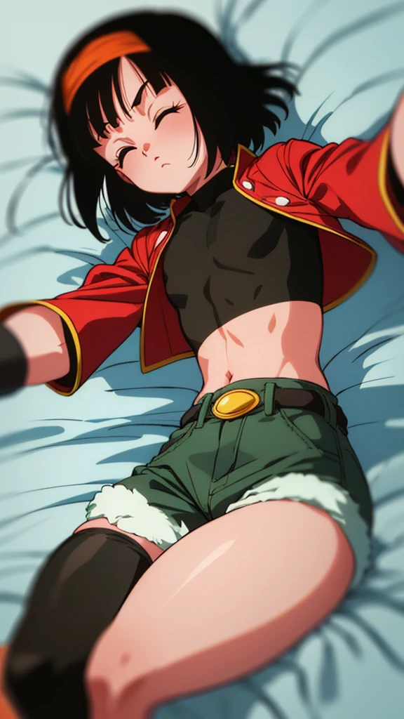 ((Pan xeno))   years, Granddaughter of Goku,  , short hair, bangs, black hair  , gloves, navel, jacket, hairband, open clothes, black gloves, black Tight midriff, green Tight  shorts, Soft fabrics in the  both sides, red jacket, cropped jacket, orange hairband, closed eyes, sleeping , decubitus supine,  lying in the Bed With his arms outstretched arms open, legs open Separated front to front Hot sexy image 1990s by akira toriyama, Anime dragón Ball z 