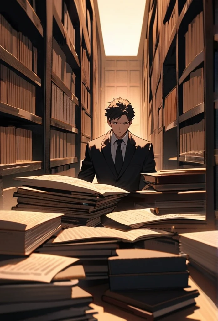 A man in a black suit searching for documents in a law library. He is focused, flipping through pages of a thick book. The library has tall shelves filled with legal texts and is softly lit, creating a scholarly ambiance. His posture is attentive and diligent.
