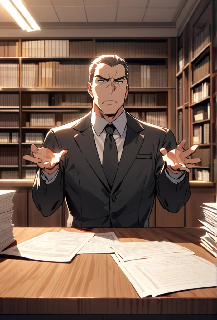 A man in a black suit standing in an office, talking to a client. He is gesturing with his hands, explaining something important. The office is filled with bookshelves, legal documents, and a large wooden desk. The atmosphere is professional and serious.
