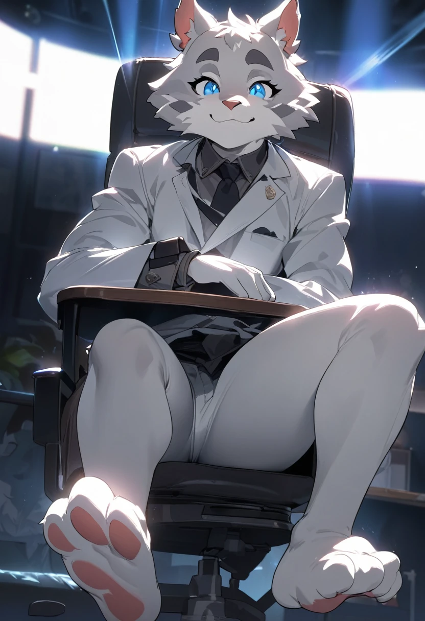 highres, top quality, best quality, paid reward available, High-quality illustrations, unparalleled masterpiece, salary man sitting on chair, fully posable, neutral pose, thinking pose(furry anthro)absurdres(highly detailed beautiful face and eyes)perfect anatomy, expression, caustics, dynamic lighting, lens flare, cinematic shadow, assorted poses, cinematic angle,