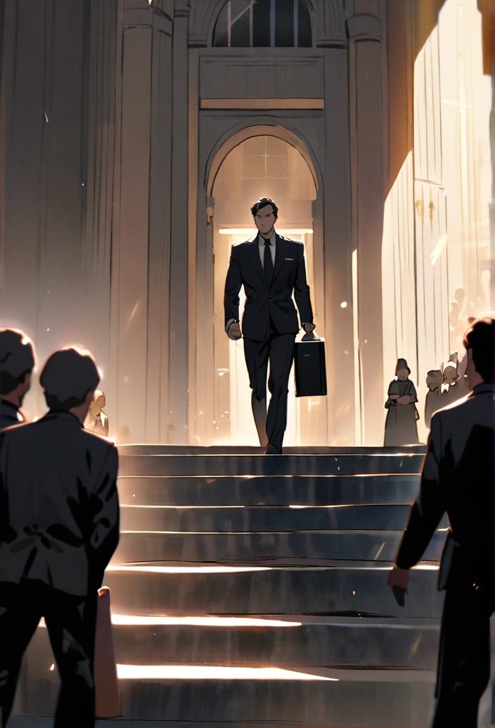 A man in a black suit walking confidently out of a courthouse, holding a briefcase. The steps of the courthouse are grand, and there are people in the background. The sky is clear, and the lighting highlights his determined expression and professional demeanor.
